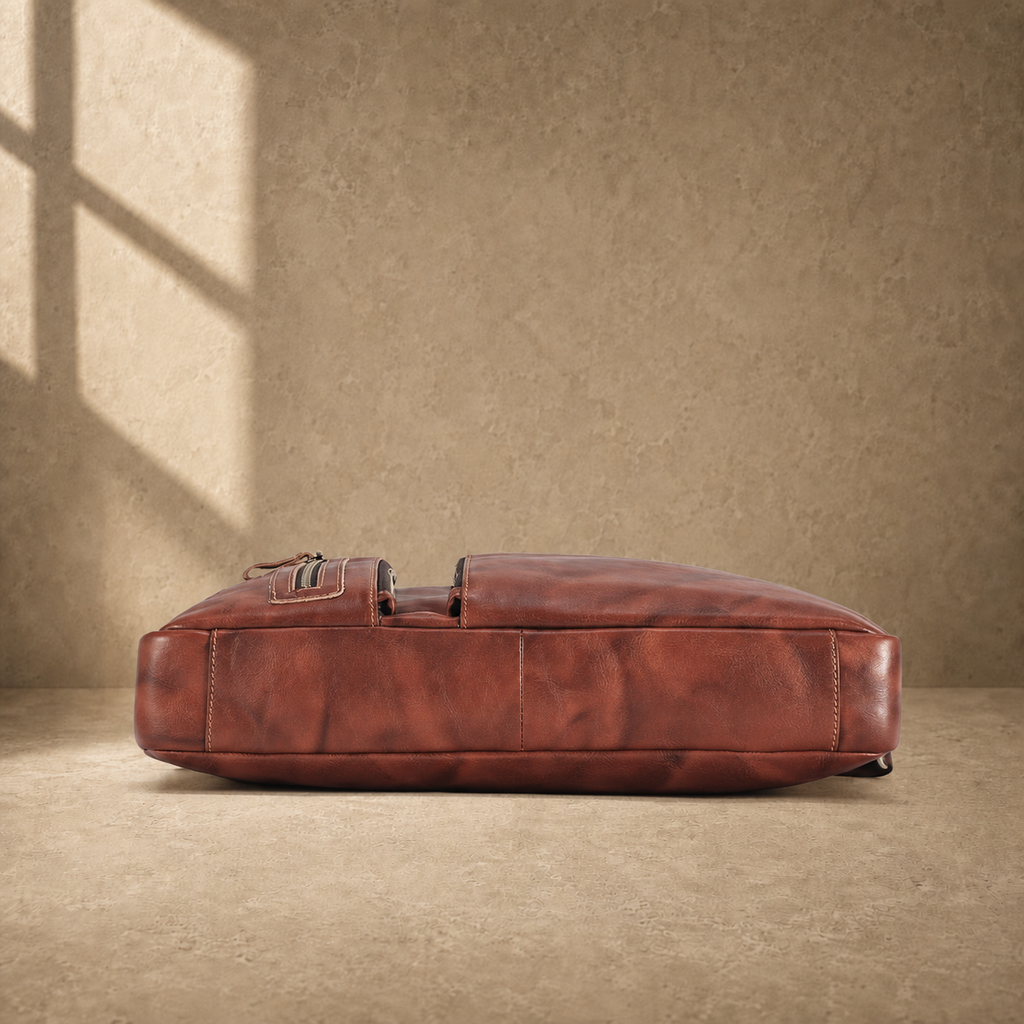 Brown cowhide leather work briefcase, reinforced base view