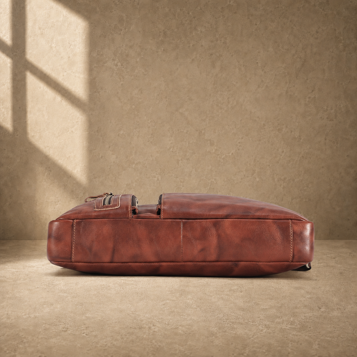 Brown cowhide leather work briefcase, reinforced base view
