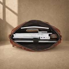 Brown cowhide leather work briefcase, packed laptop interior view