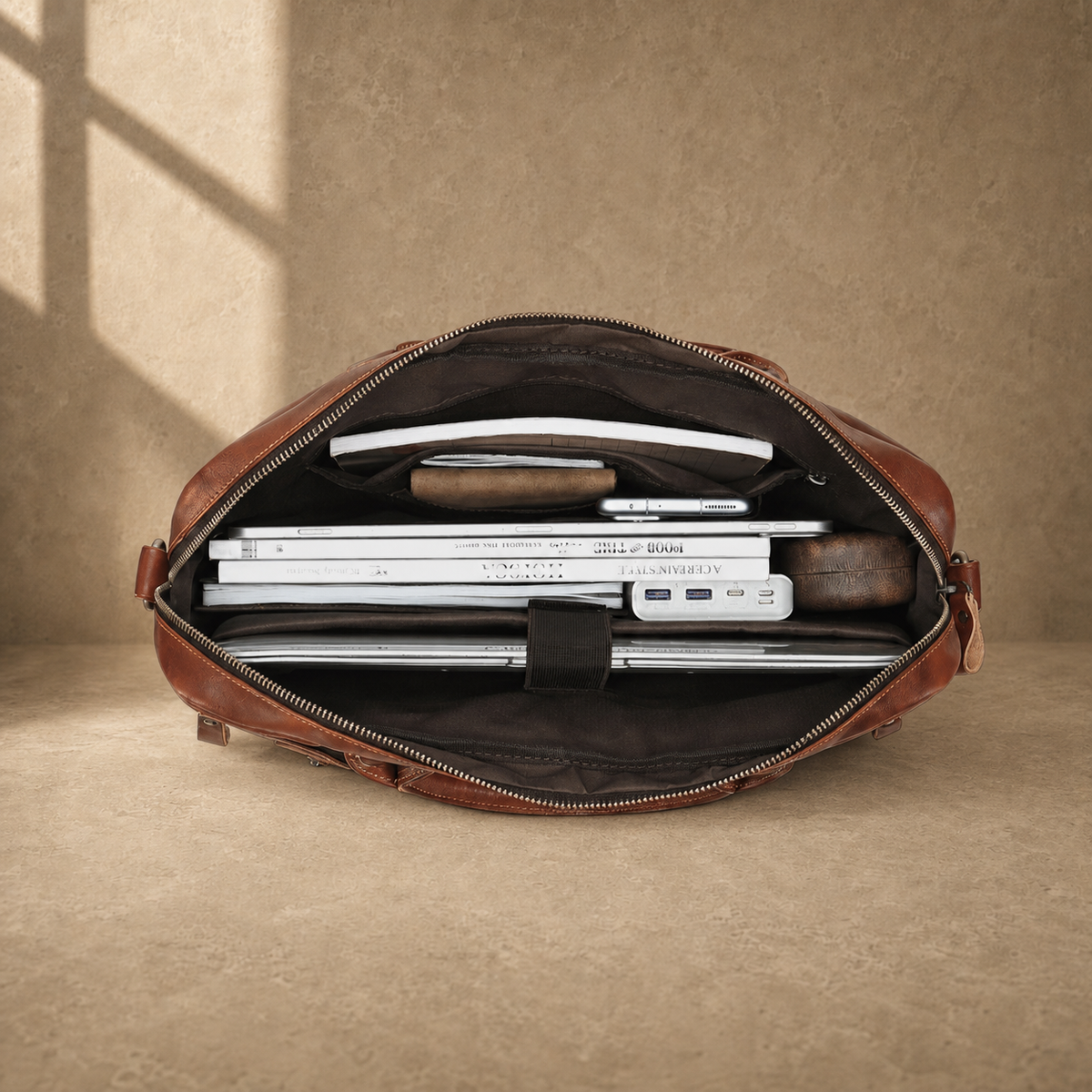 Brown cowhide leather work briefcase, packed laptop interior view