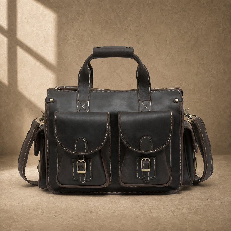 Coffee brown leather camera work bag, straight front hero view