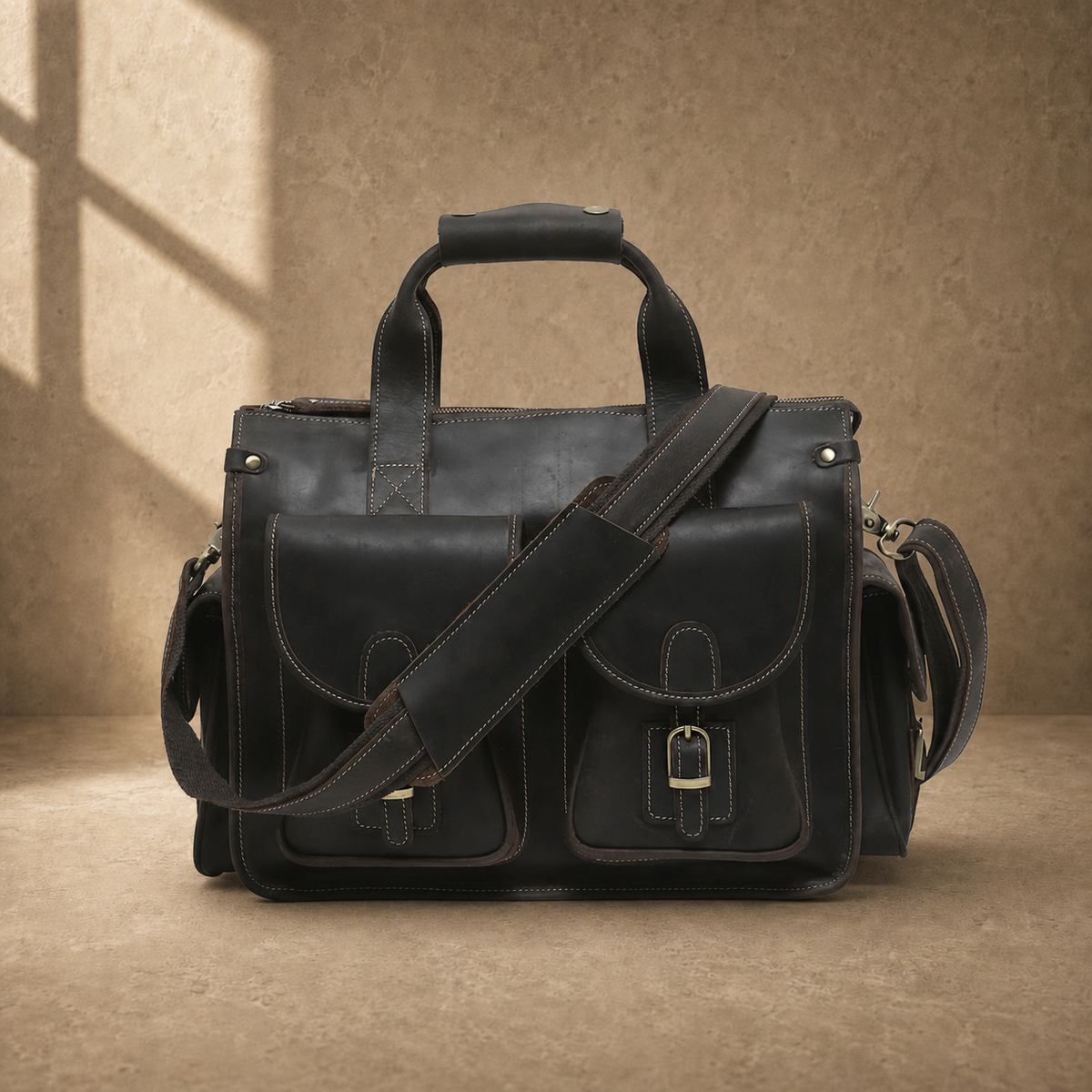 Coffee brown leather camera work bag, front view with padded shoulder strap