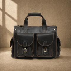 Coffee brown leather camera work bag, alternate straight front view