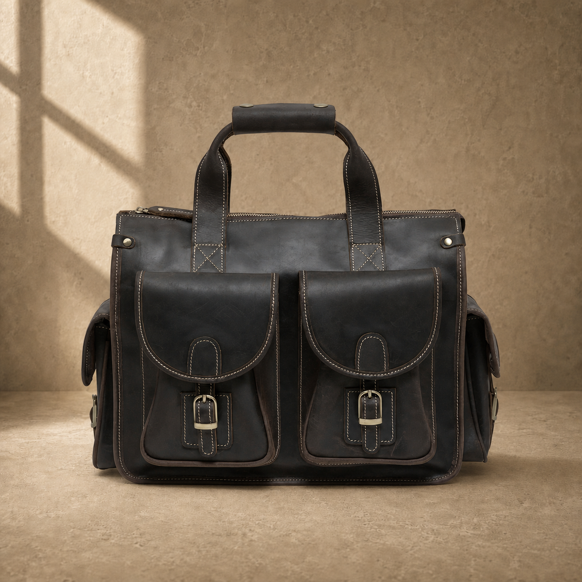 Coffee brown leather camera work bag, alternate straight front view