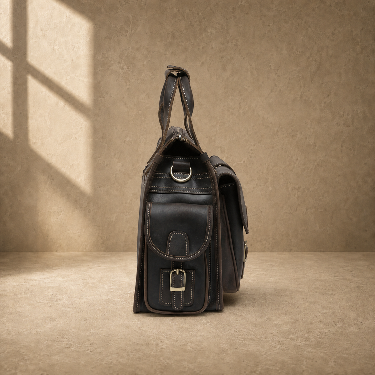 Coffee brown leather camera work bag, side profile and side flap pocket
