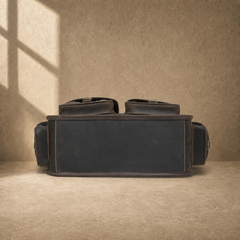 Coffee brown leather camera work bag, reinforced base view