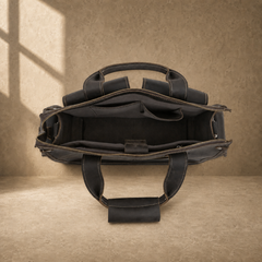 Coffee brown leather camera work bag, open empty interior view