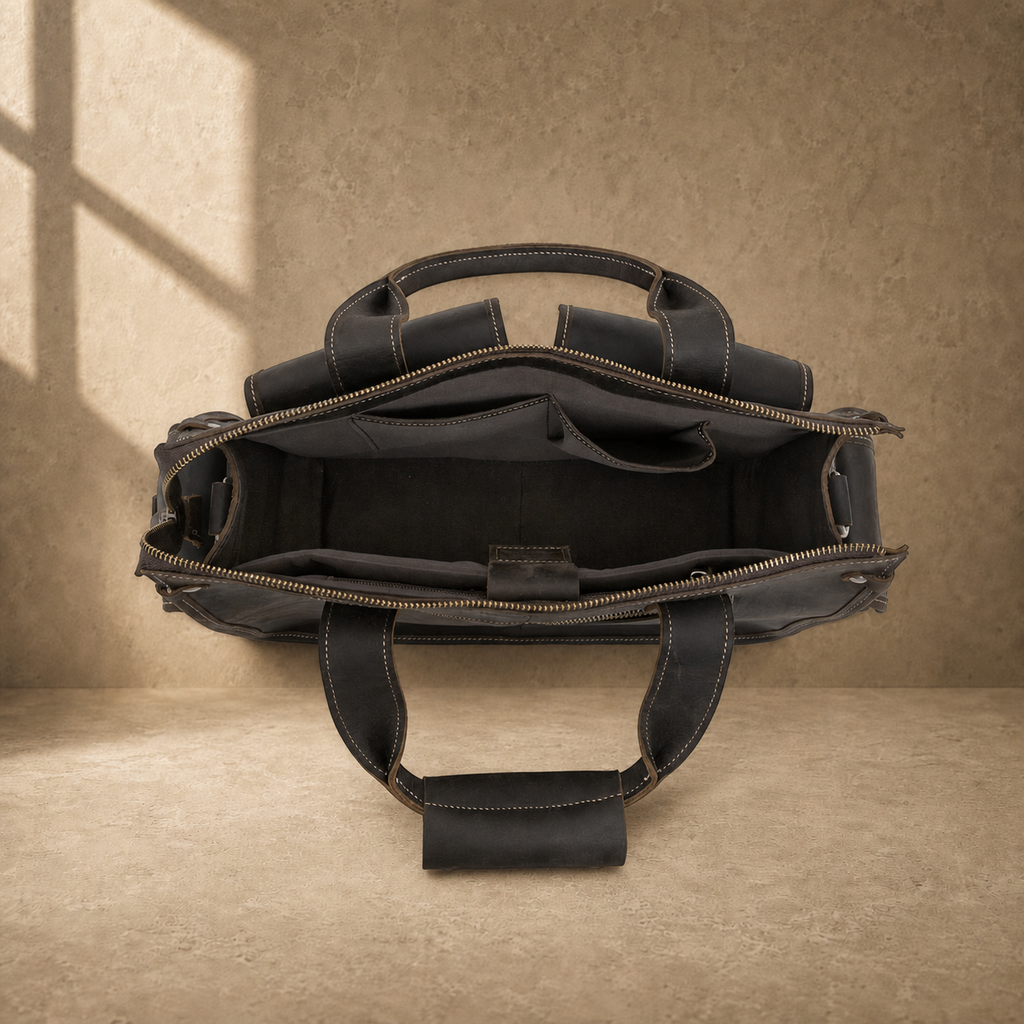 Coffee brown leather camera work bag, open empty interior view