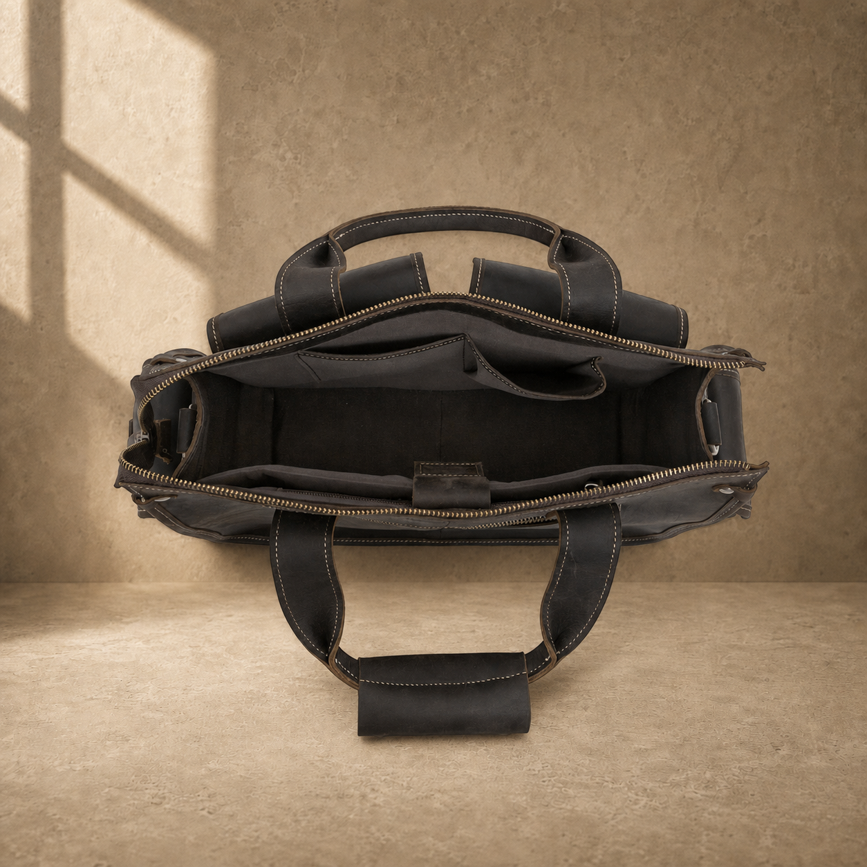 Coffee brown leather camera work bag, open empty interior view