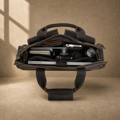 Coffee brown leather camera work bag, packed interior organization view