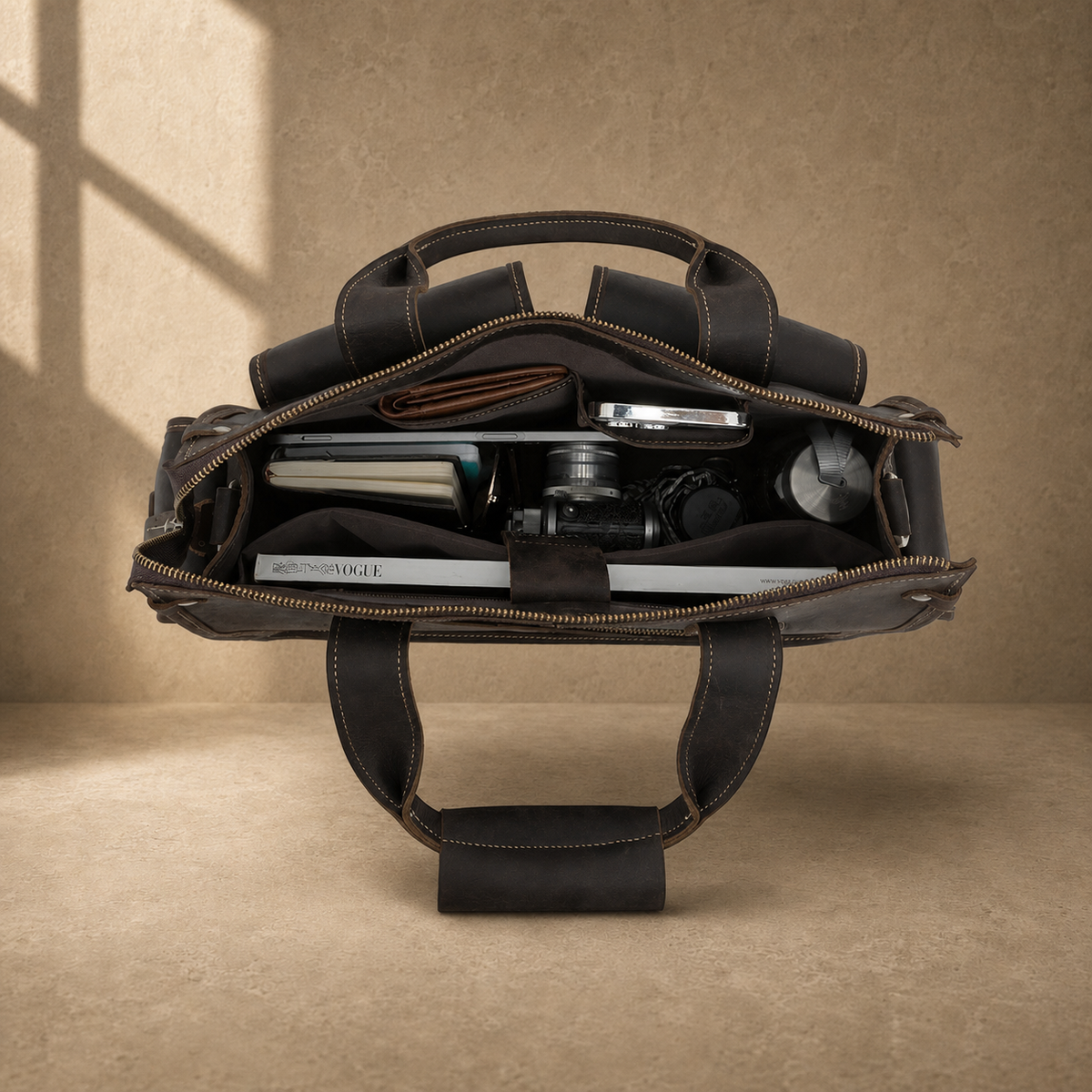 Coffee brown leather camera work bag, packed interior organization view
