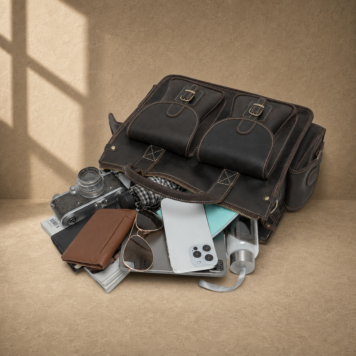 Coffee brown leather camera work bag, camera and daily carry capacity view