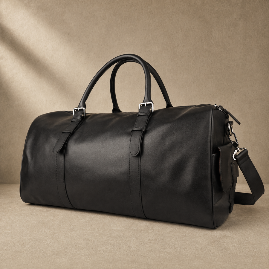 Black Leather Business Travel Duffle