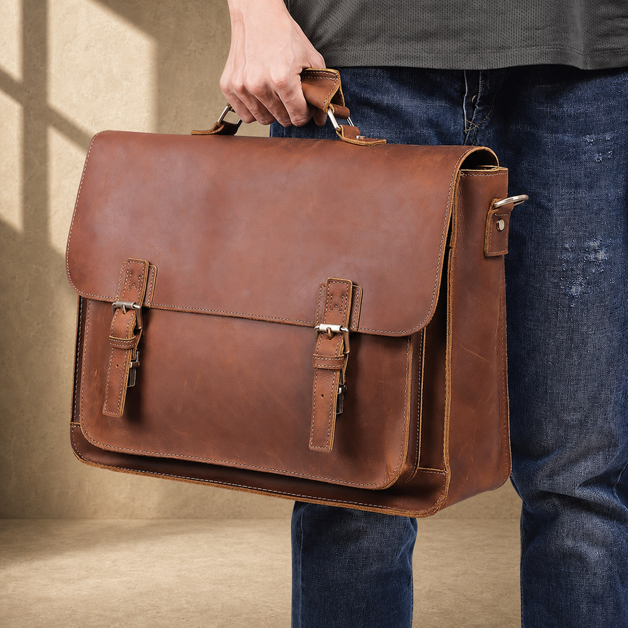 Brown leather buckled work briefcase carried by top handle