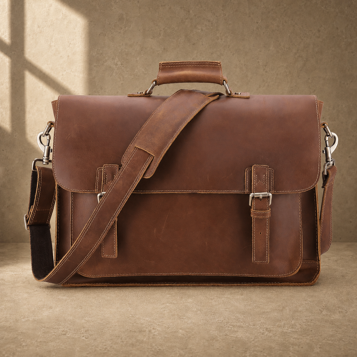 Brown leather buckled work briefcase front view with shoulder strap