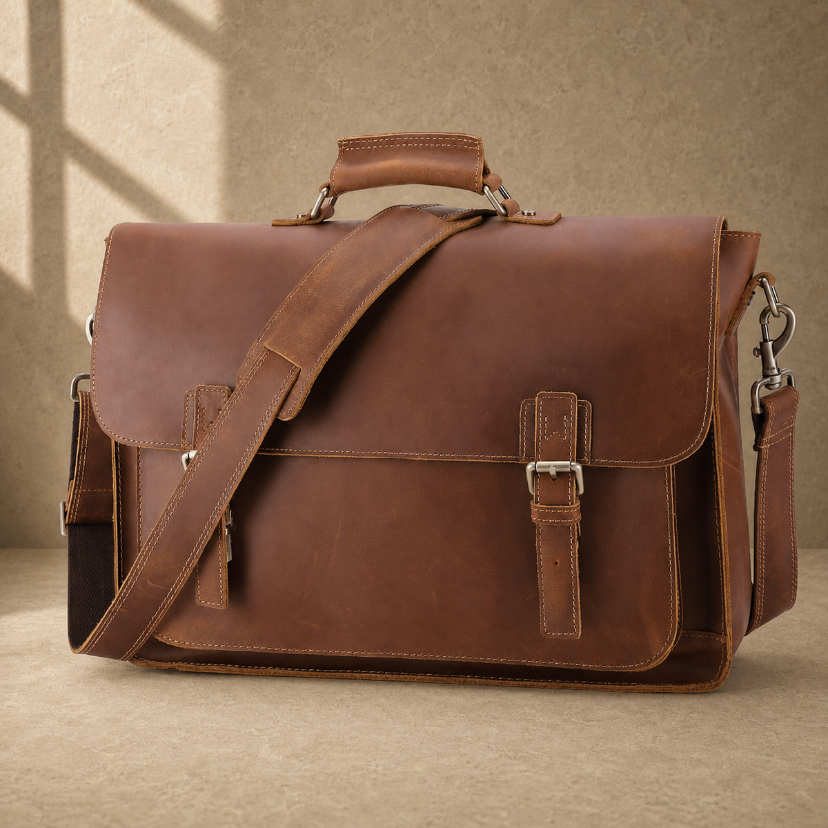 Brown leather buckled work briefcase three-quarter front view