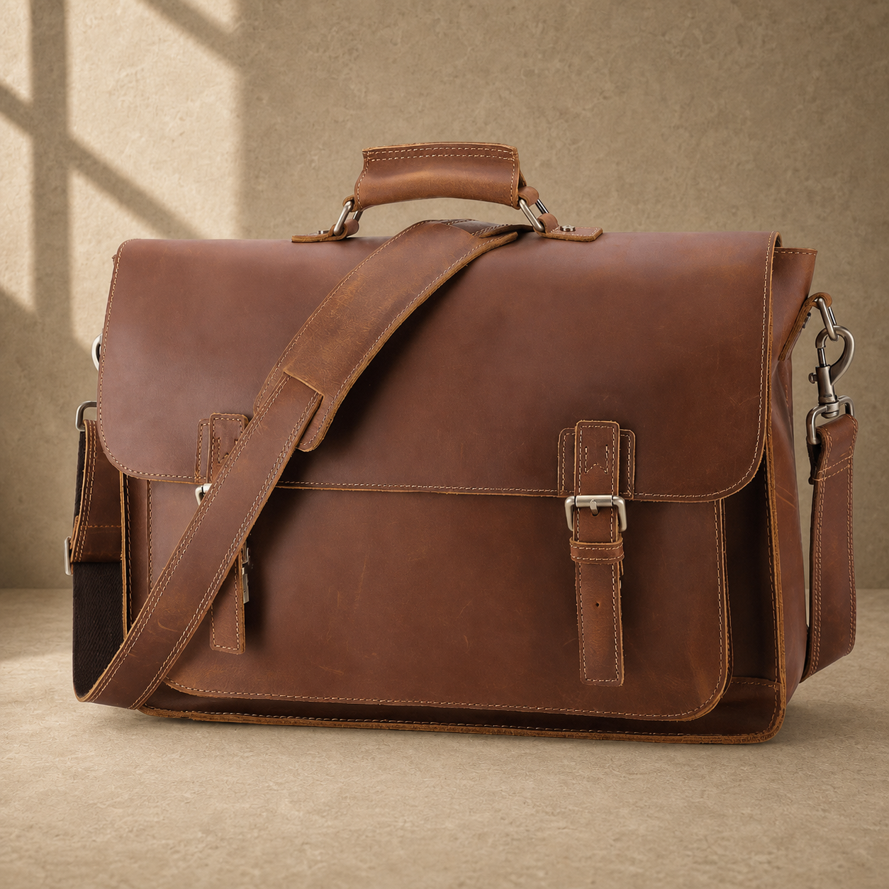 Brown leather buckled work briefcase three-quarter front view