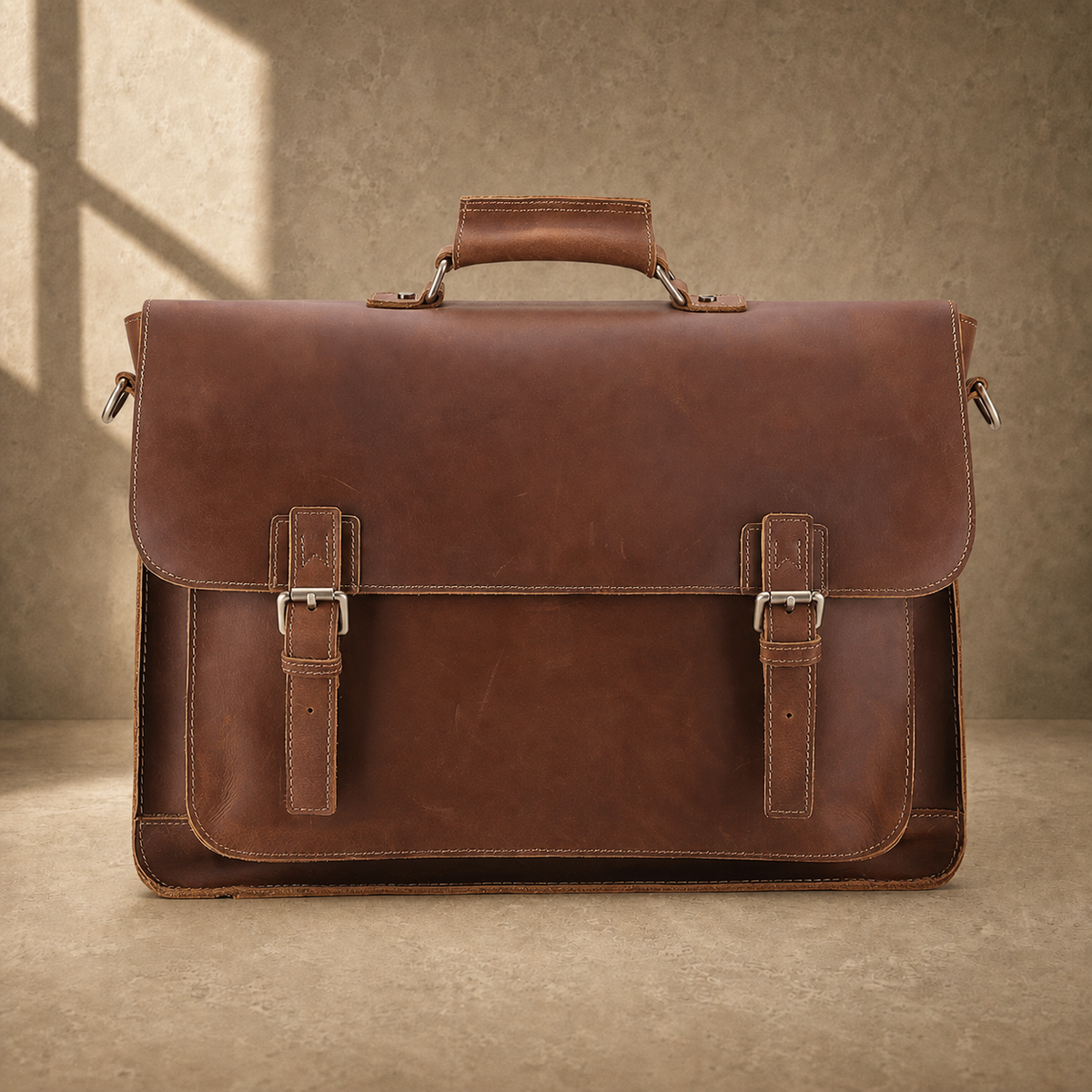 Brown leather buckled work briefcase straight front view