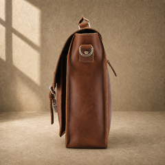 Brown leather buckled work briefcase side profile