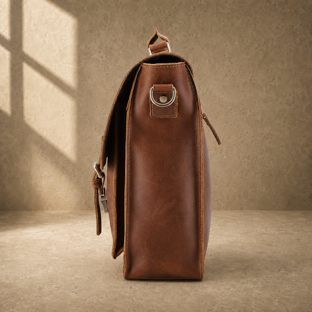Brown leather buckled work briefcase side profile