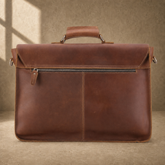 Brown leather buckled work briefcase rear zipper view