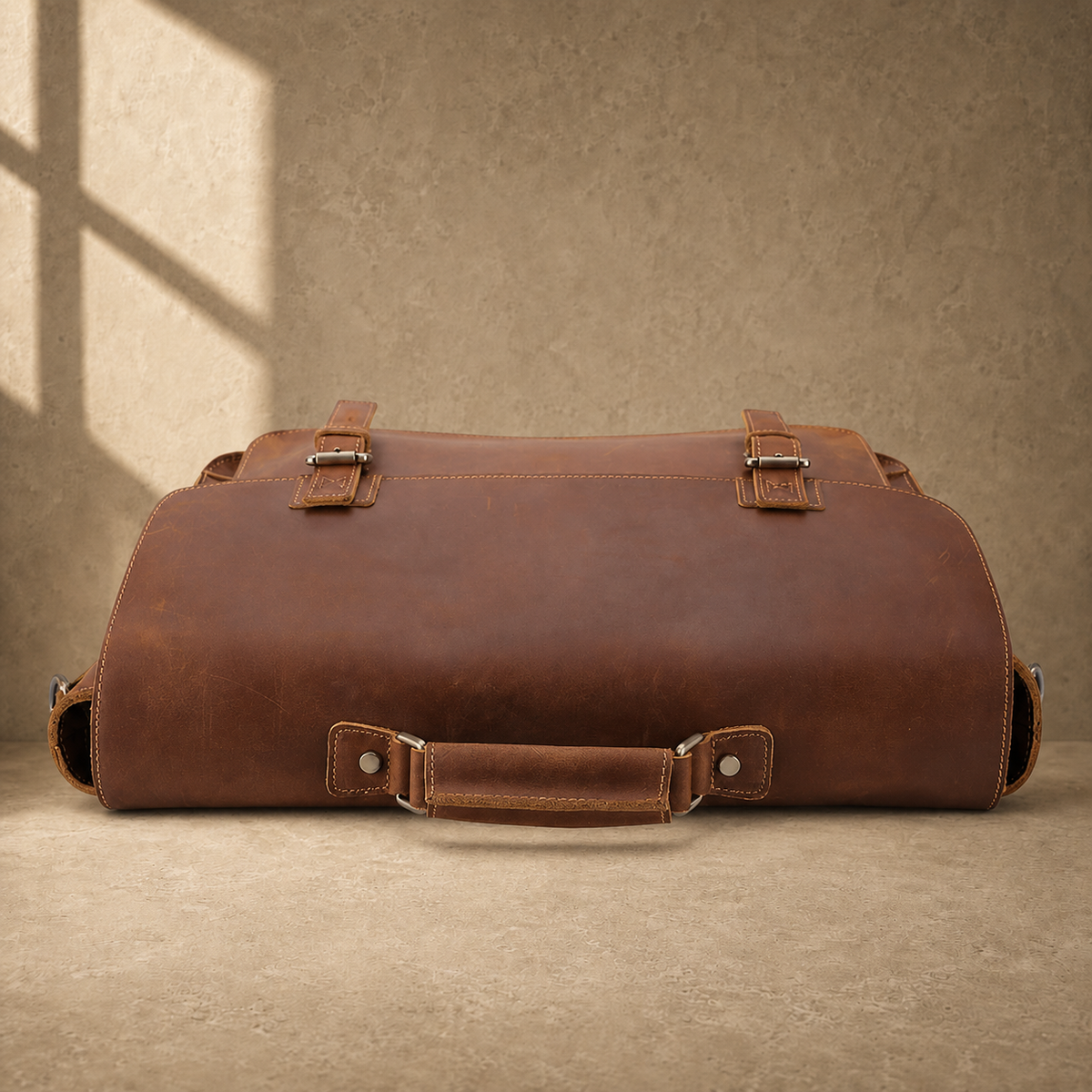 Brown leather buckled work briefcase top and handle view