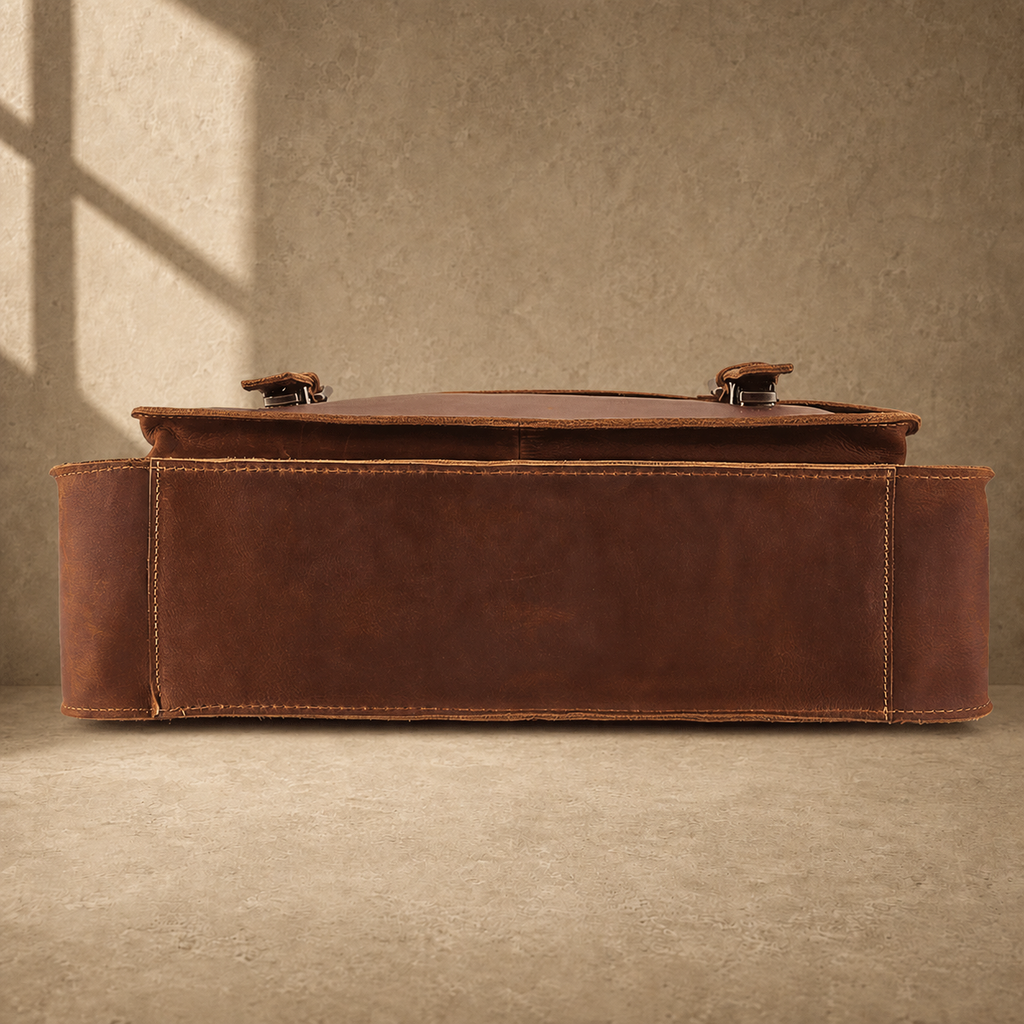 Brown leather buckled work briefcase reinforced base view