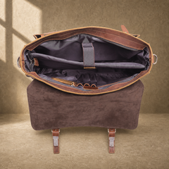 Brown leather buckled work briefcase empty organized interior