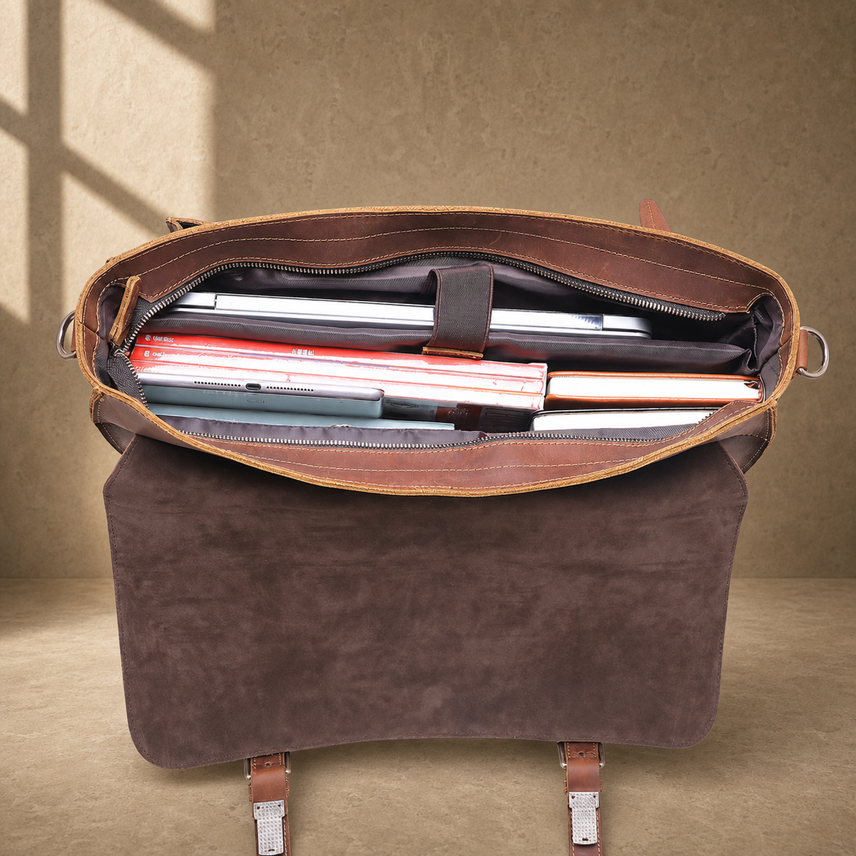 Brown leather buckled work briefcase packed interior capacity