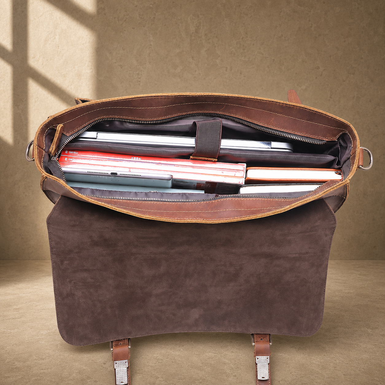 Brown leather buckled work briefcase packed interior capacity