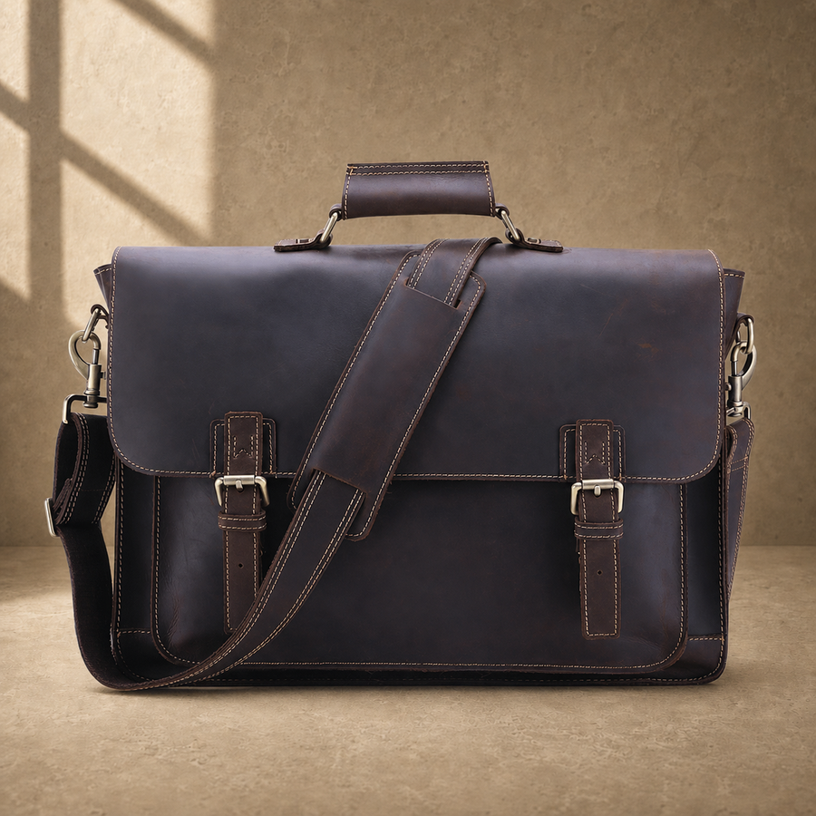 Coffee brown leather buckle briefcase front hero view with shoulder strap