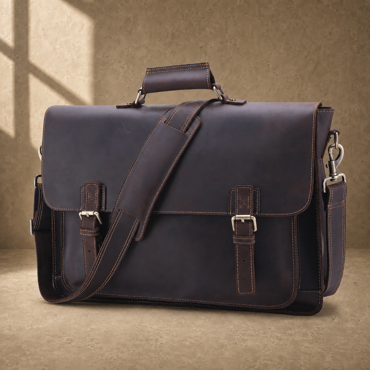 Coffee brown leather buckle briefcase three-quarter front view