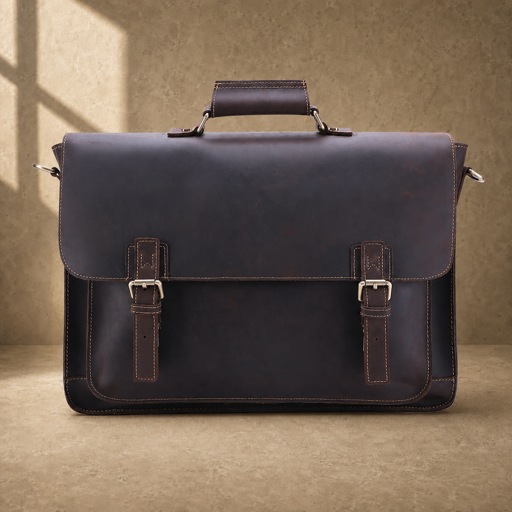 Coffee brown leather buckle briefcase straight front view