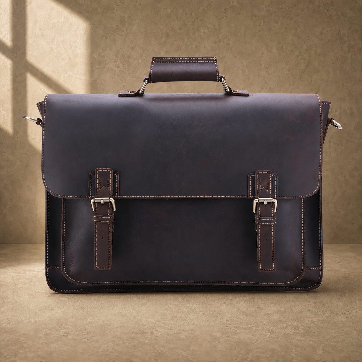 Coffee brown leather buckle briefcase straight front view