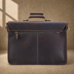 Coffee brown leather buckle briefcase rear zipper pocket view