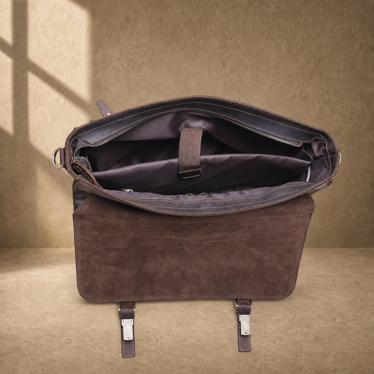 Coffee brown leather buckle briefcase open empty interior