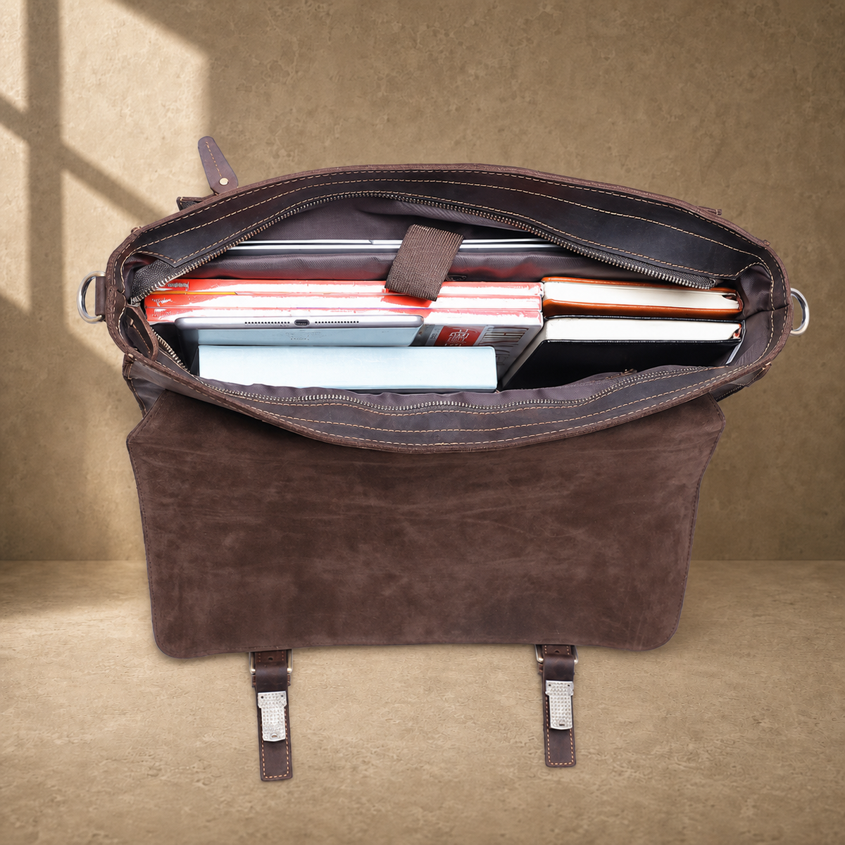 Coffee brown leather buckle briefcase packed laptop and document capacity