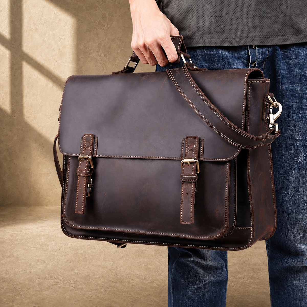 Coffee brown leather buckle briefcase carried by top handle