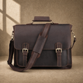Deep coffee leather buckle briefcase front view with shoulder strap