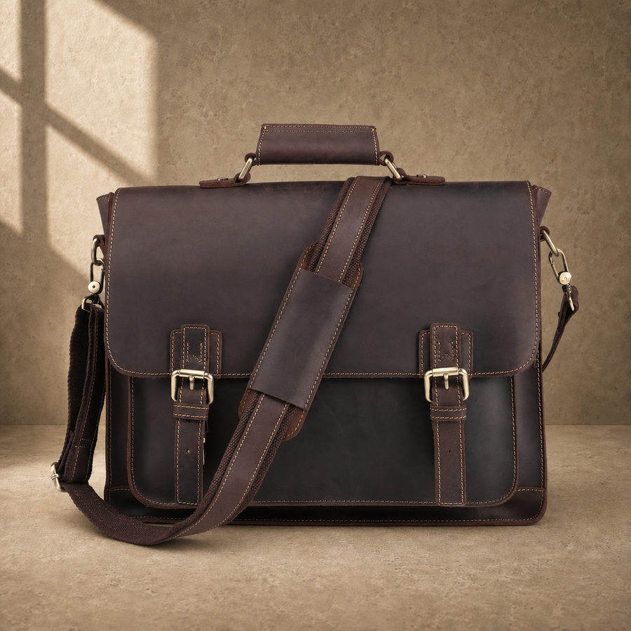 Deep coffee leather buckle briefcase front view with shoulder strap