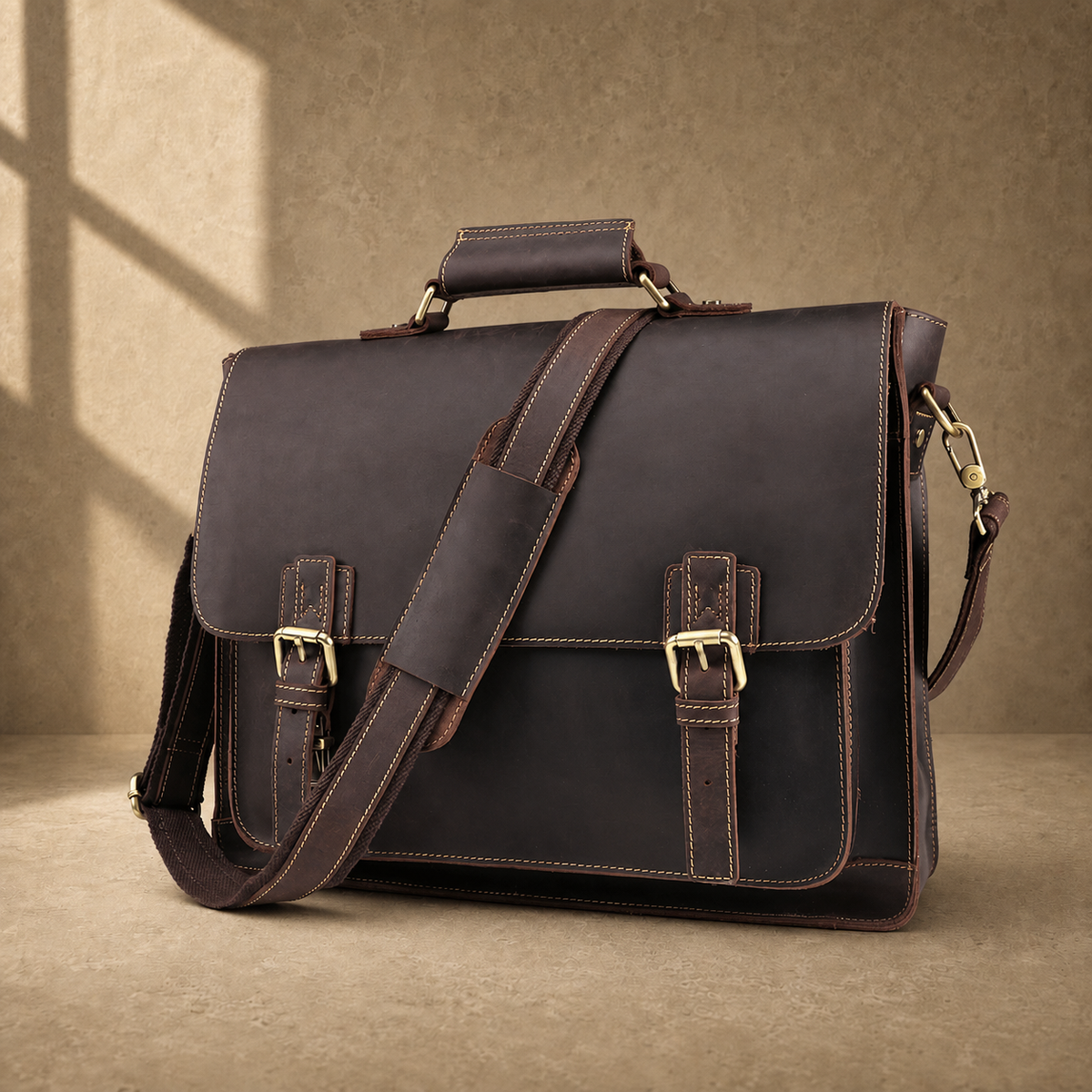 Deep coffee leather buckle briefcase three-quarter front view