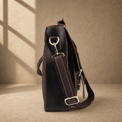Deep coffee leather buckle briefcase side profile and strap hardware