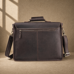 Deep coffee leather buckle briefcase rear view with zipper pocket