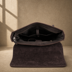 Deep coffee leather buckle briefcase organized empty interior