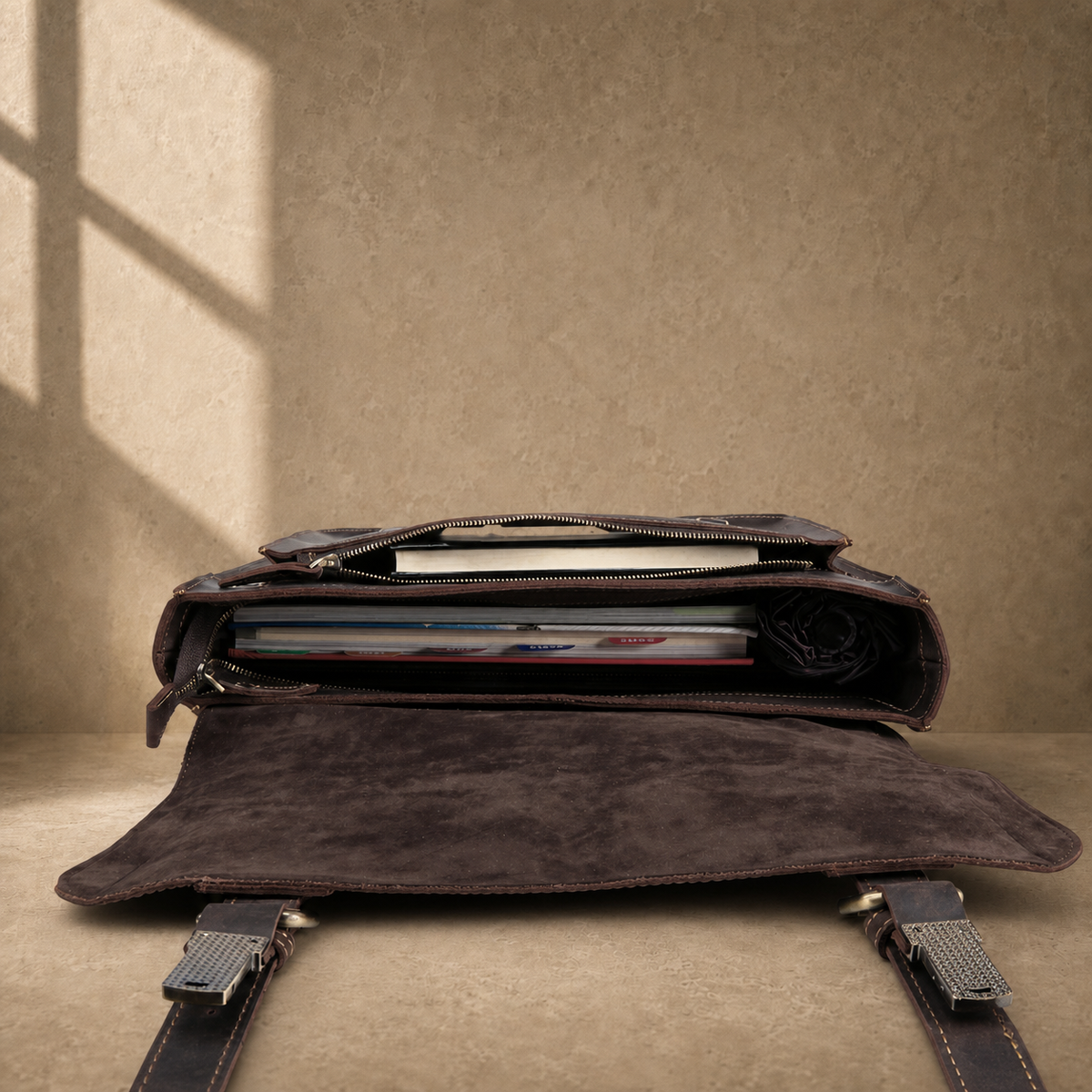 Deep coffee leather buckle briefcase packed laptop and document capacity