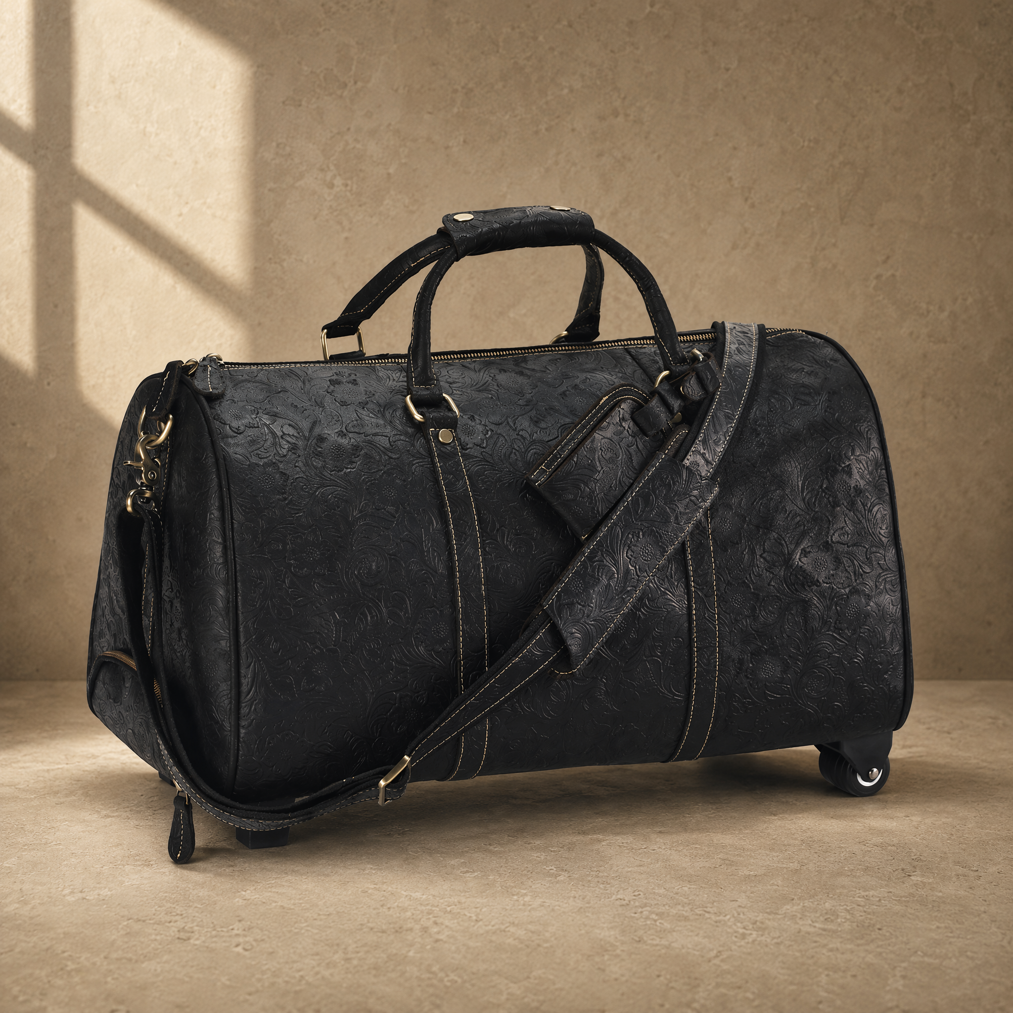 Black Embossed Rolling Travel Duffle