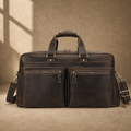 Deep coffee leather weekender duffle, front exterior hero view