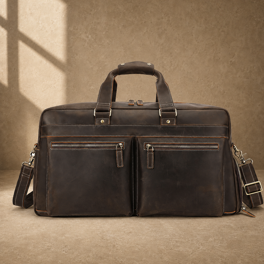 Deep coffee leather weekender duffle, front exterior hero view