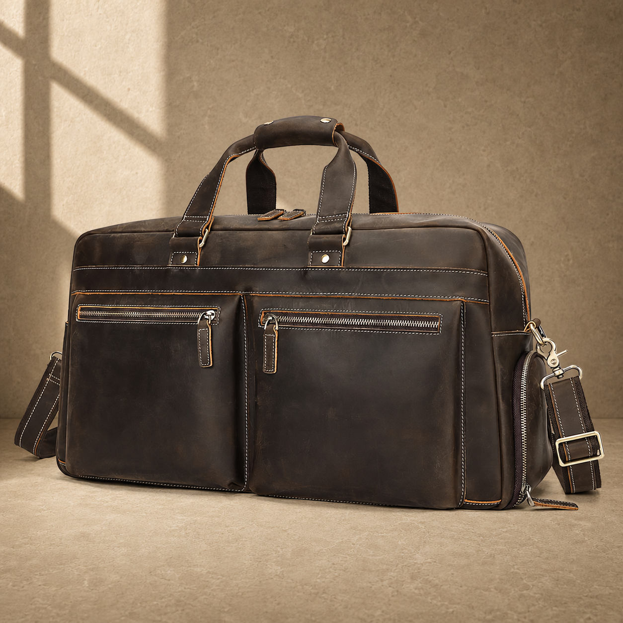 Deep coffee leather weekender duffle, front three-quarter view