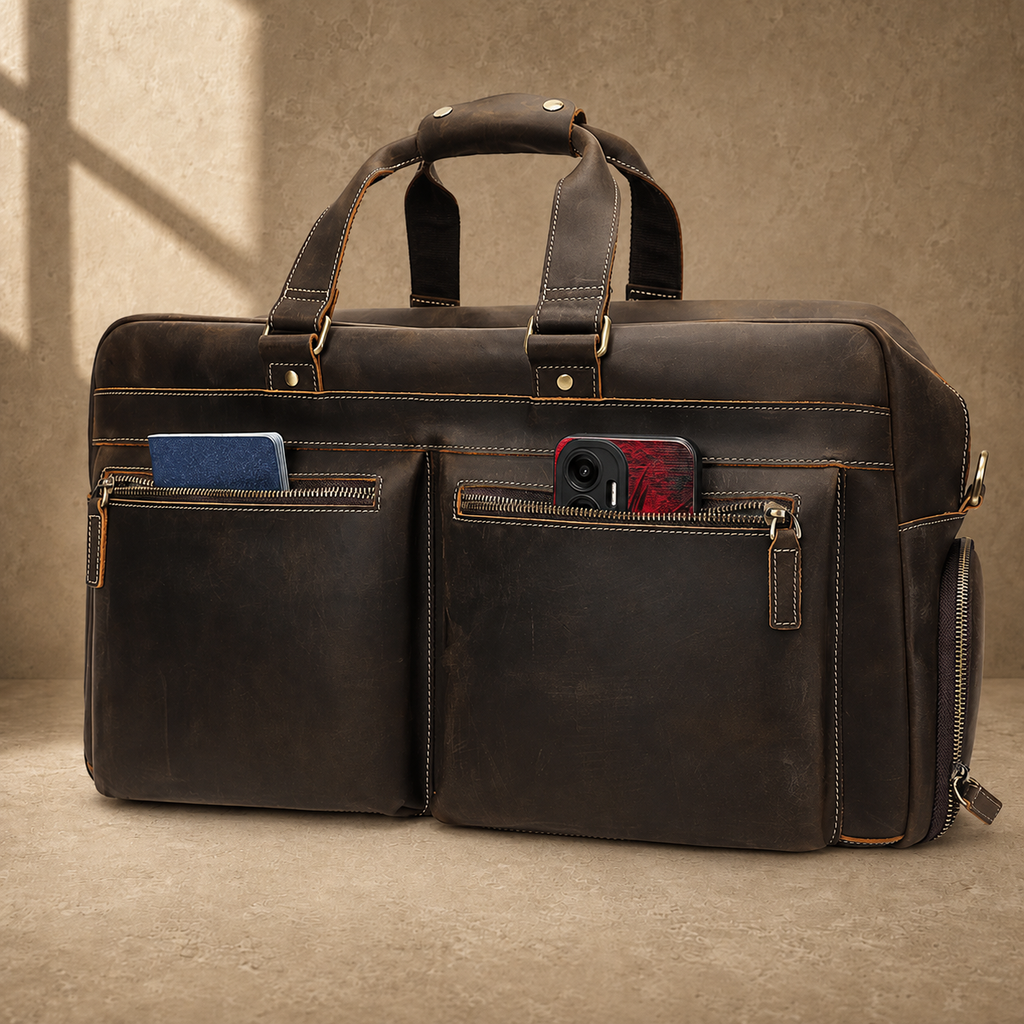 Deep coffee leather weekender duffle, front pockets in use